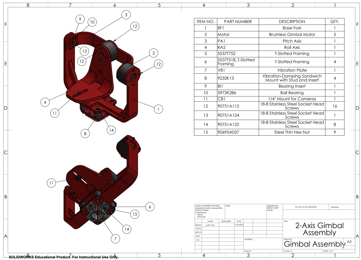 Exploded gimbal assembly drawing with component list